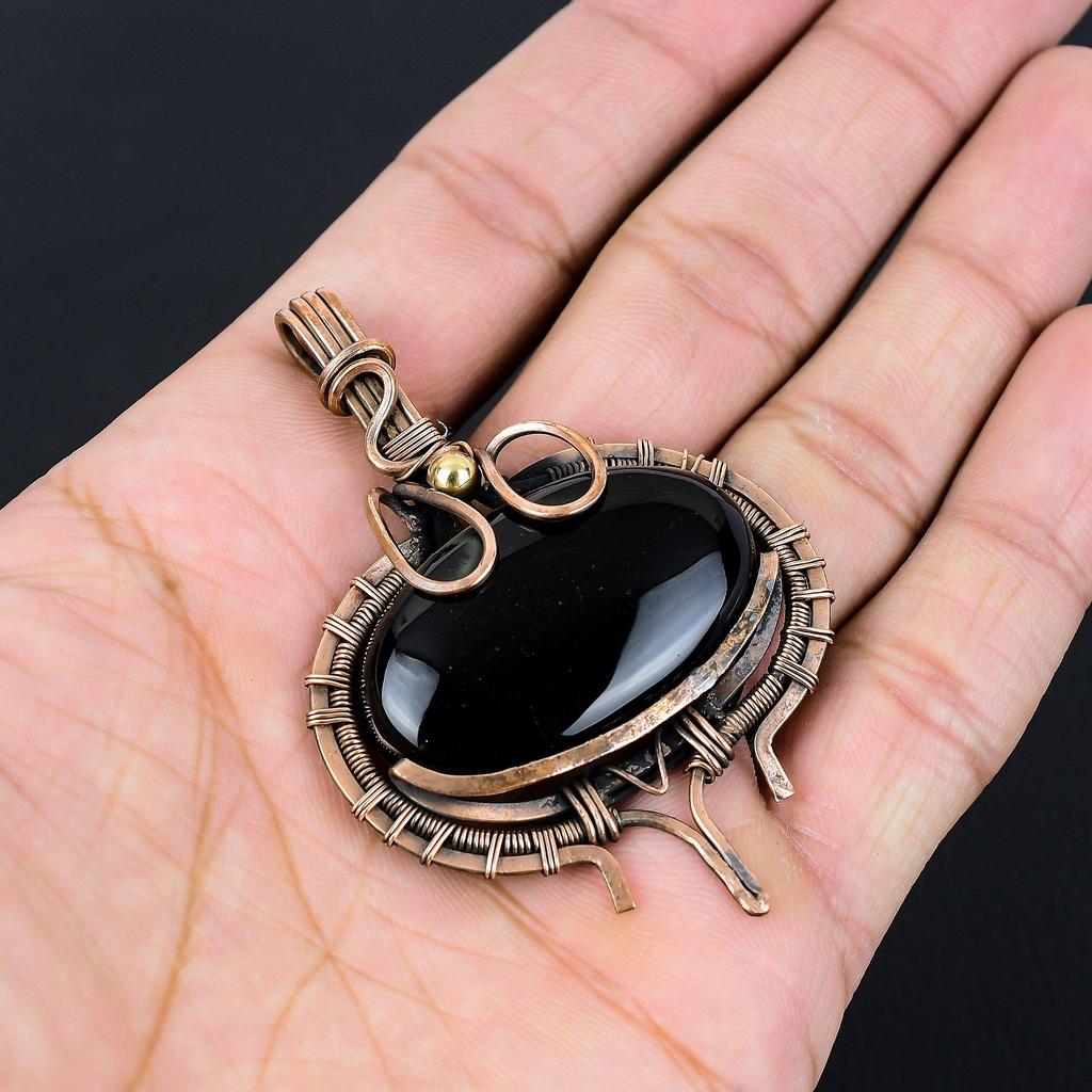 Черный драгоценный камень оникс чистая медная проволока обернутая ювелирные изделия ручной работы кулон