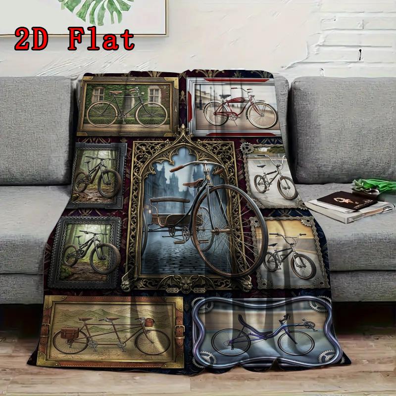 Vintage Bicycle Art Rug 2D Flat Pattern Flannel Blanket, High quality All Seasons, Home Decor, Warmth and Comfort, Perfect for Christmas Gifts.