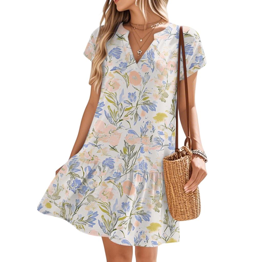 Женские платья с коротким рукавом и V-образным вырезом с цветочным принтом Свободные повседневные пляжные платья в стиле темперамент