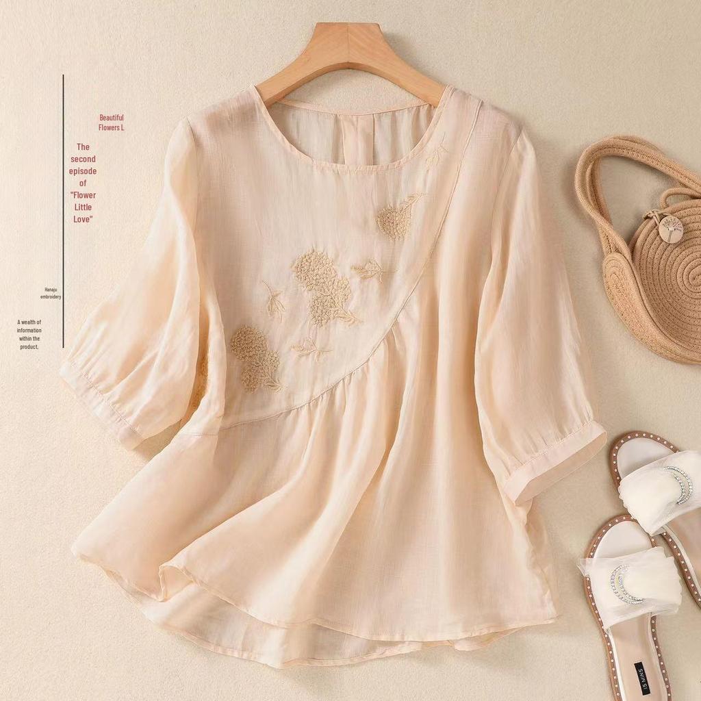 Summer Retro Embroidered Cotton-Linen T-Shirt: Solid Color, Loose Fit, Round Neck