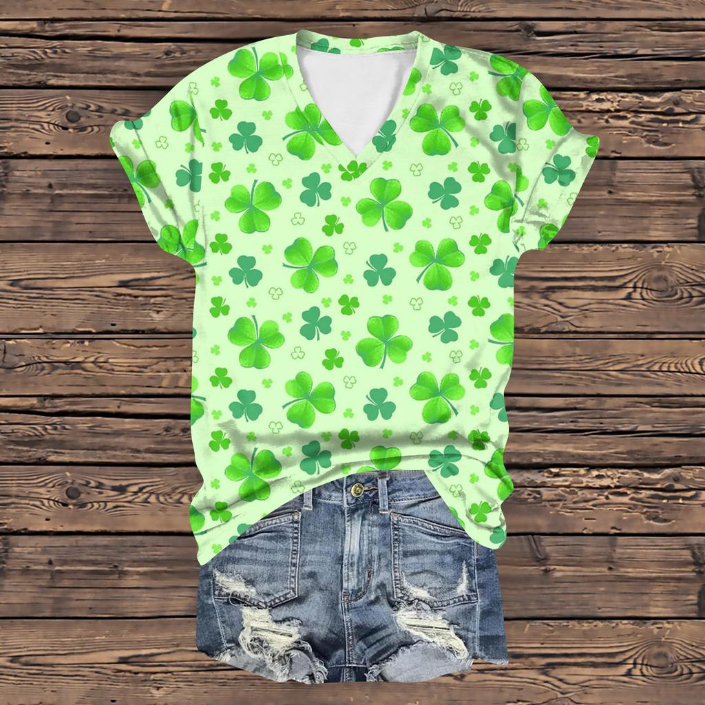 Женская повседневная свободная одежда St. Футболка с короткими рукавами и V-образным вырезом с принтом ко Дню Святого Патрика