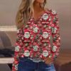 Women's Fashion Casual V-Neck Button-Up Long-Sleeve T-Shirt With Christmas Print Top