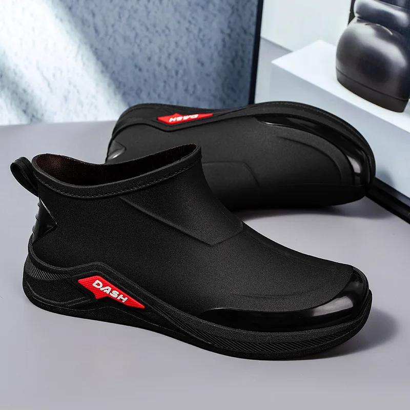 Мужские резиновые сапоги Новые резиновые сапоги с коротким голенищем Уличные водонепроницаемые и противоскользящие рыболовные ботинки с хлопком Легкие дождевые ботинки