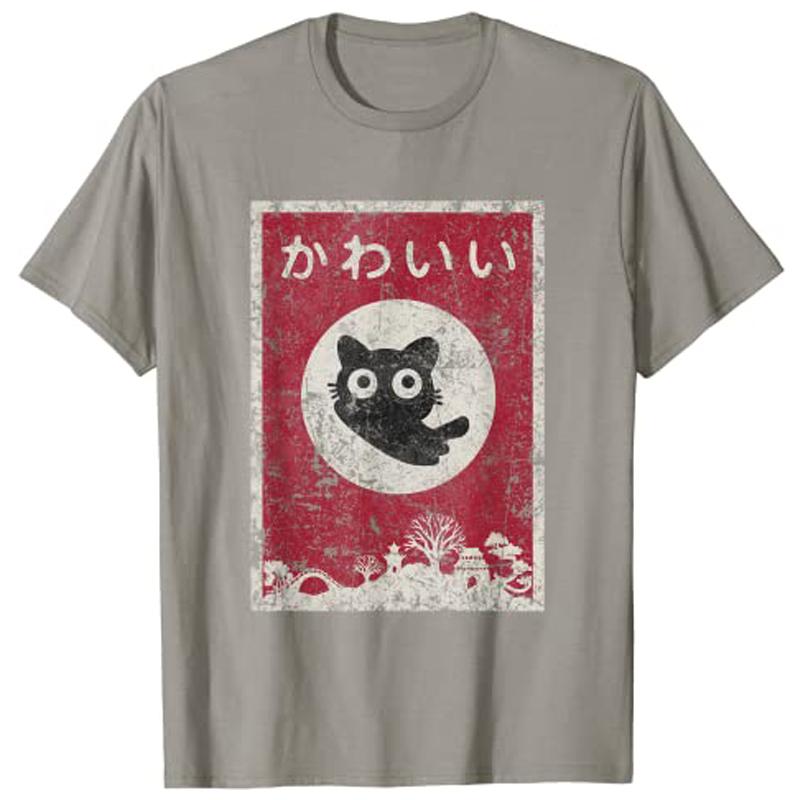 Кавайная Кошка Японская Черная Аниме Кошка Футболка T-Shirt Женская Одежда Y2k Унисекс Га Графическая Одежда Повседневные Топы Мультяшная Футболка Личная