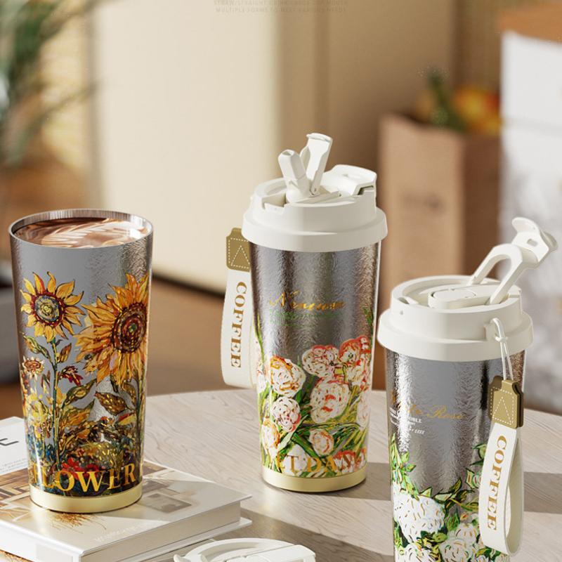 Кружка для кофе с цветами в стиле Ван Гога 500 мл Вакуумная фляга из нержавеющей стали Соломинка и возможность пить прямо Изолированный тамблер Термокружка