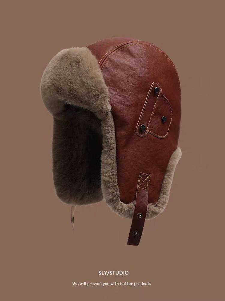 Retro Leather Lei Feng Winter Aviator Hat - Unisex Warm Fleece-Lined Ski & Cycling Ear Protection