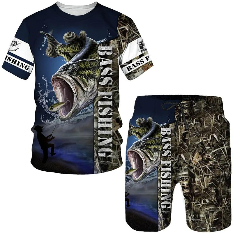 Summer Carp Fishing Pattern Men's T Shirt+Shorts 2PCS Outfits Casual Shorts Sets 3D Print Oversized Man Clothes O-Neck Tracksuit