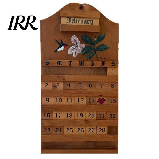 Wooden Flip Calendar Handmade Vintage Perpetual Reusable Wall Mounted Adjustable Date with Interchangeable Blocks Rustic Hummingbird Floral