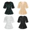 Women Sequin Tops V-Neck Ruffle Sleeves Glitter Blouses Waist Tight Elastic Hem Evening Cocktail Shiny Tops