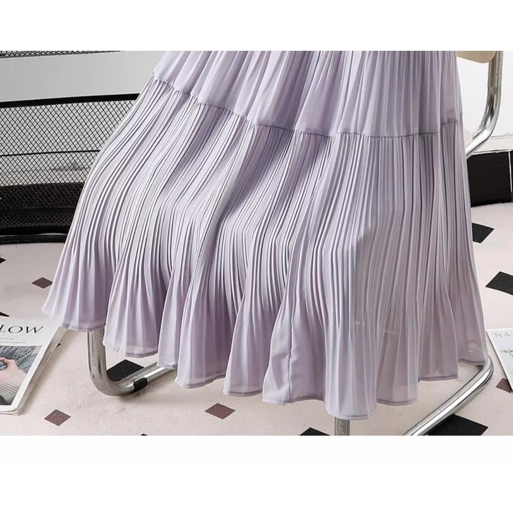 Dimanaf 2025 Summer Women New Skirts Chiffon Solid Elastic Waist Pleated Mesh Elegant Skirts