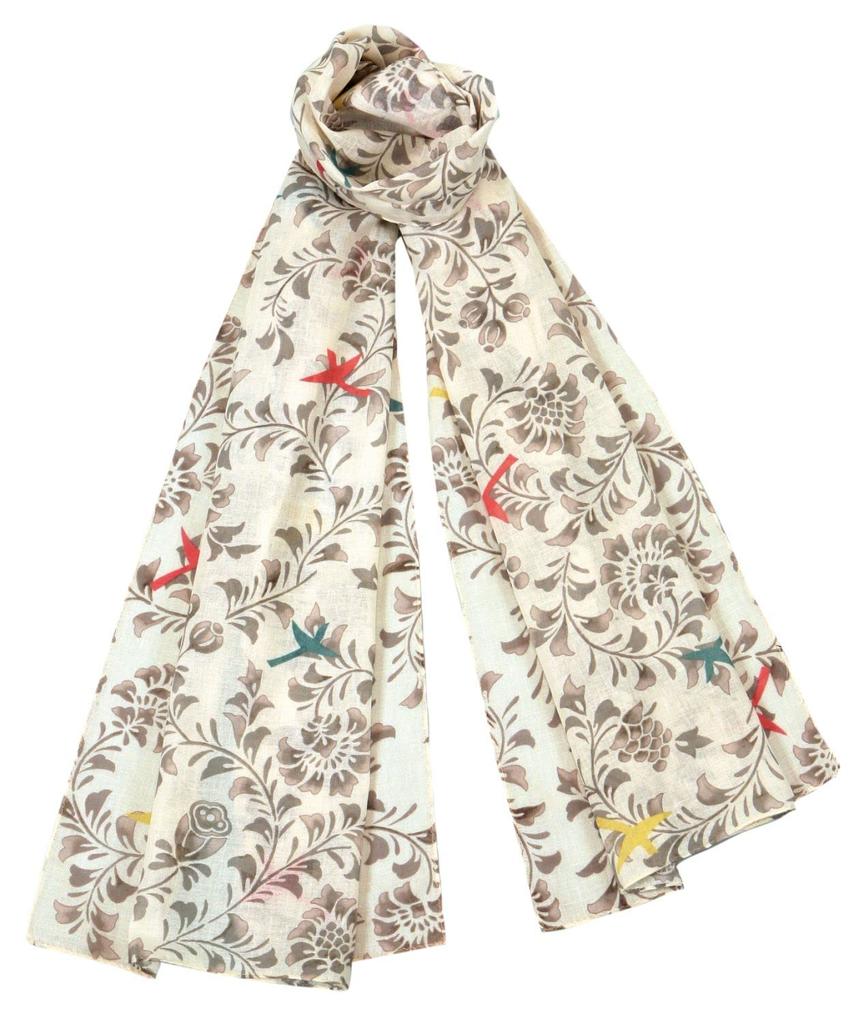 YamamotoJin TOIRO Gauze Square with Flowers, Birds, and Grass, A Beige [1759-A], UV Protection, Simple, Modern, Made In Japan