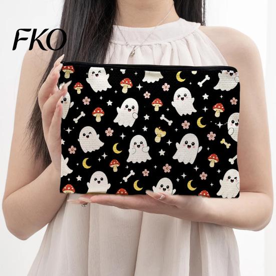 Non Fading Pattern Pouch Cosmetic Bag, Halloween Print Makeup Canvas Durable Data Cable Organizer Zipper Pouch, for Change Storage Anti Pilling Bag