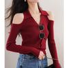 2025 New Elegant Off Shoulder Cardiagn Women Sweater Long Sleeve Slim Fit Fashion V-neck Knitted Top Solid Color Fall Fashion Sexy Knitwear Clothes