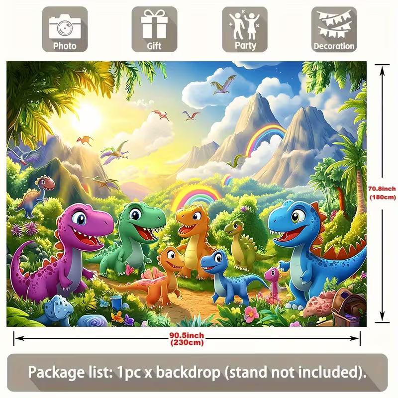 Vibrant Dinosaur World Backdrop Kids Jungle Landscape with Rainbow Photo Booth Background Banner for Party Decoration
