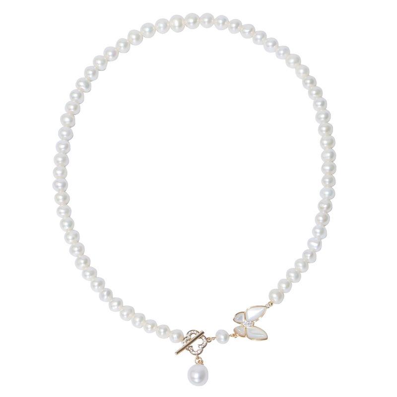 Geometric Three-Dimensional Butterfly Shell Freshwater Pearl Necklace Women'S Design Fritillary Butterfly Near Round Pearl Ot Buckle Necklace