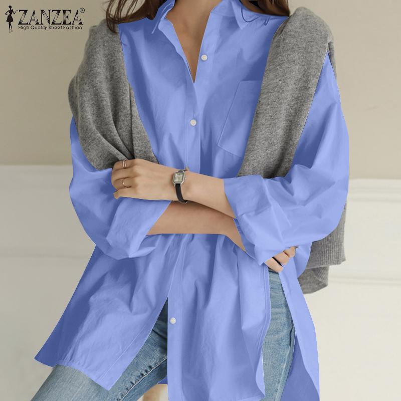 ZANZEA Женская свободная повседневная блузка с отложным воротником и длинным рукавом