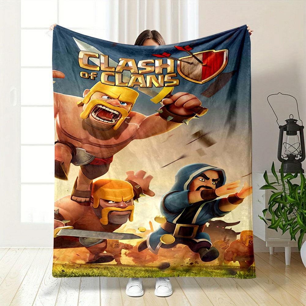 Dynamic battle-themed artwork with characters and weapons in action. for all seasons blanket lunch break throw gift