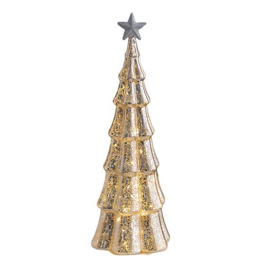 Glass Christmas Tree Figurine Tabletop Tree Ornament with LED Lights Holiday Decor Light Up Tree Cone for Home Office Parties Table Centerpiece