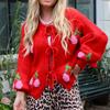 Cherry Embroidered Jacquard Cardigan Sweater Women Autumn Winter  Fashion Strap Knitted Sweaters Coat Long Sleeve Knitwear