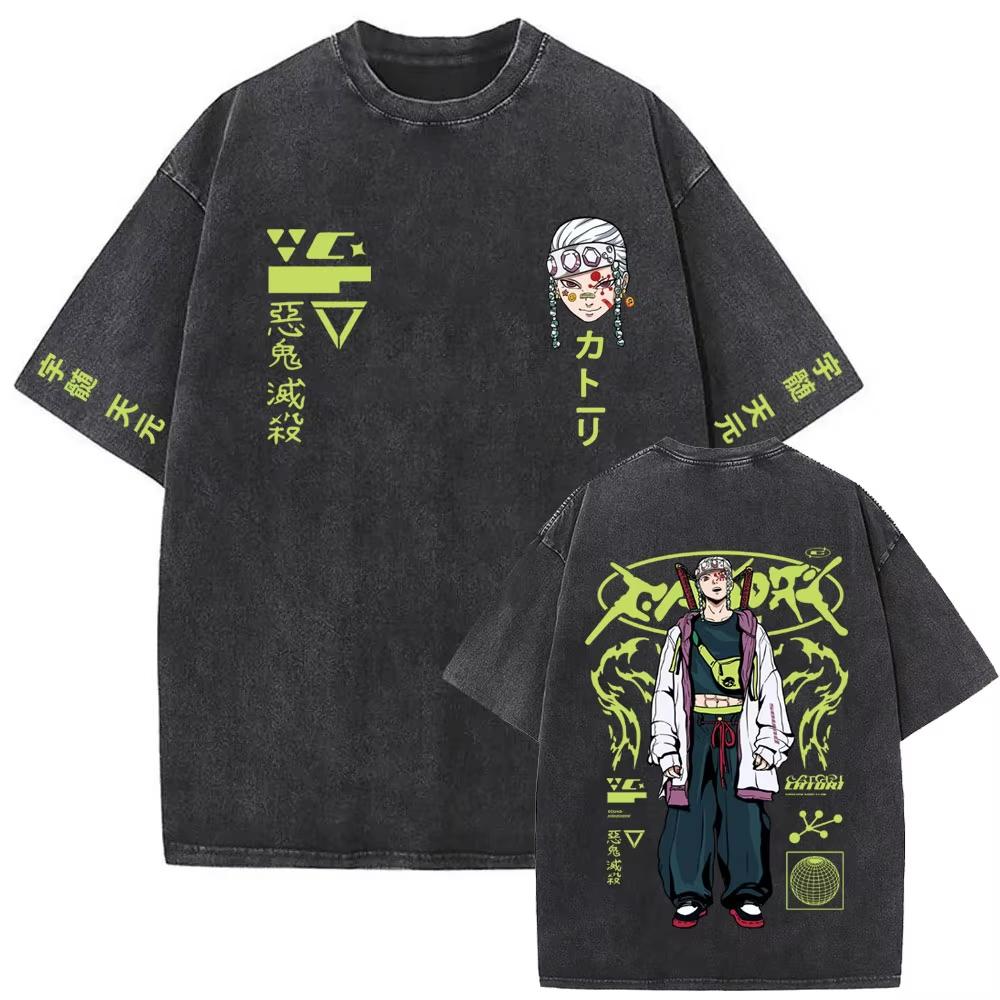 Summer New Vintage Wash Demon Slayer Anime Graphic T Shirt Nezuko Print Men Women Cotton Short Sleeve Streetwear Casual Tops