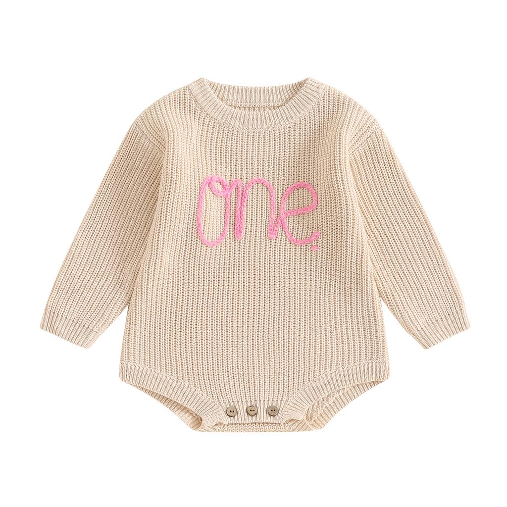 Вязаный комбинезон на день рождения для девочек с длинными рукавами и круглым вырезом, вышитыми буквами, комбинезон