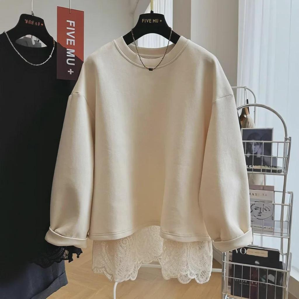 2024 Women's Lace Spliced Two-Piece Look Pullover Sweatshirt, Round Neck, Loose Fit for Spring and Autumn