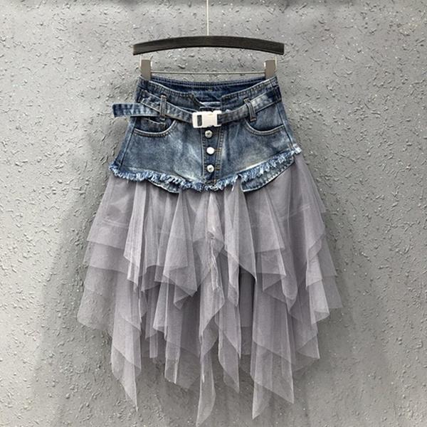 Women Denim Mesh Patchwork Skirt High Waist A Line Asymmetric Frill Tulle Gothic Chic Skirts