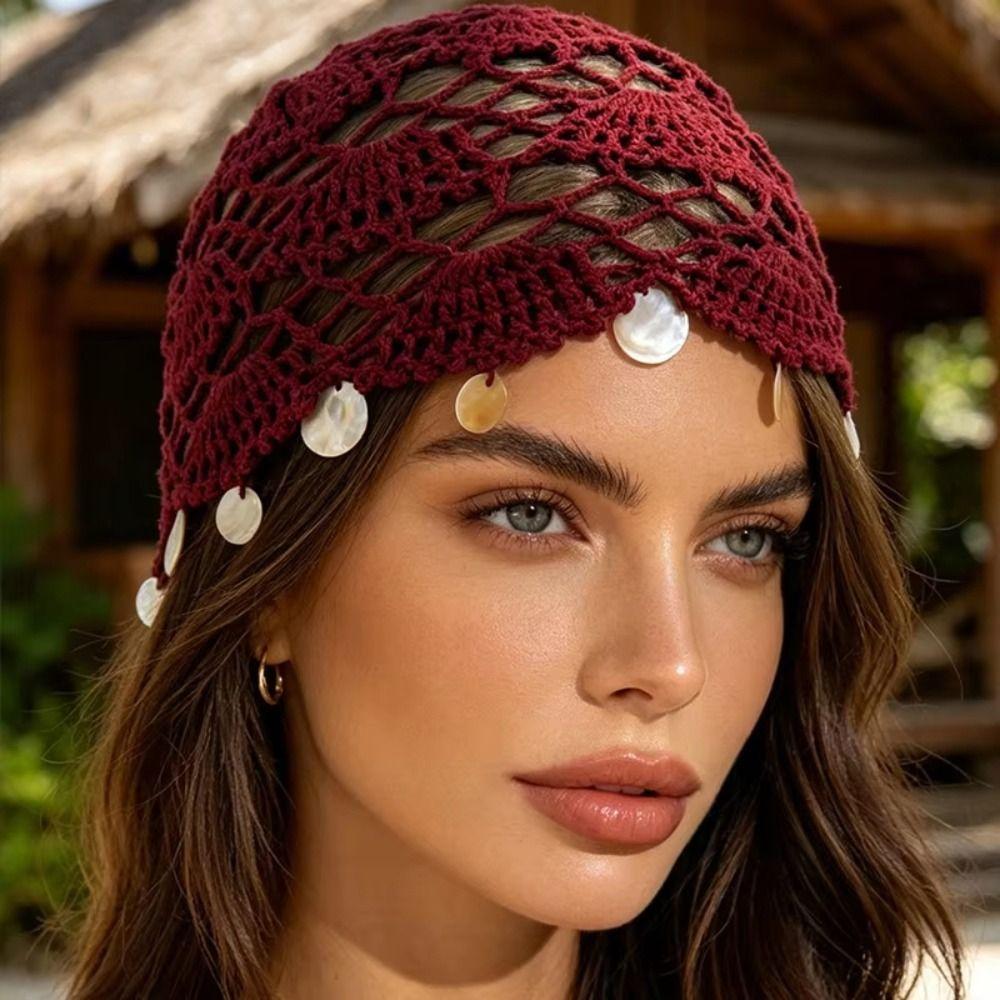 Thin Shell Tassels Hat Elegant Bohemian Style Beanies Sweet Hollowed Out Knitted Hat Spring Summer