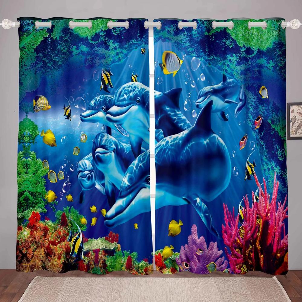 Cute Cartoon Dolphin Curtains Grommet Light Filtering Window Print Pattern Sea Animal Theme Curtain Bedroom Living Room 2 Panels