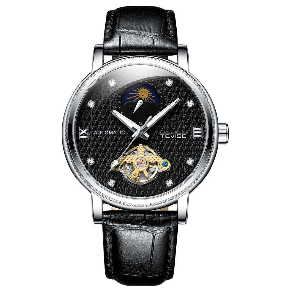 Tevise Luxury Men's Automatic Mechanical Watch - Tourbillon Moonphase with Luminous Hands, Genuine Leather Strap, Casual & Sport