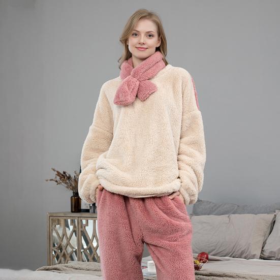 Пушистый пижамный комплект для женщин, мягкий флисовый пуловер, комплект из 2 предметов, домашняя одежда с шарфом, зимний плюшевый теплый комплект для сна