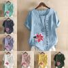 Women's Fashion Round Neck Short Sleeve T-shirt Casual Cotton Linen Graphic Shirt Leisure Loose Flower Prined Summer Blouse Tops