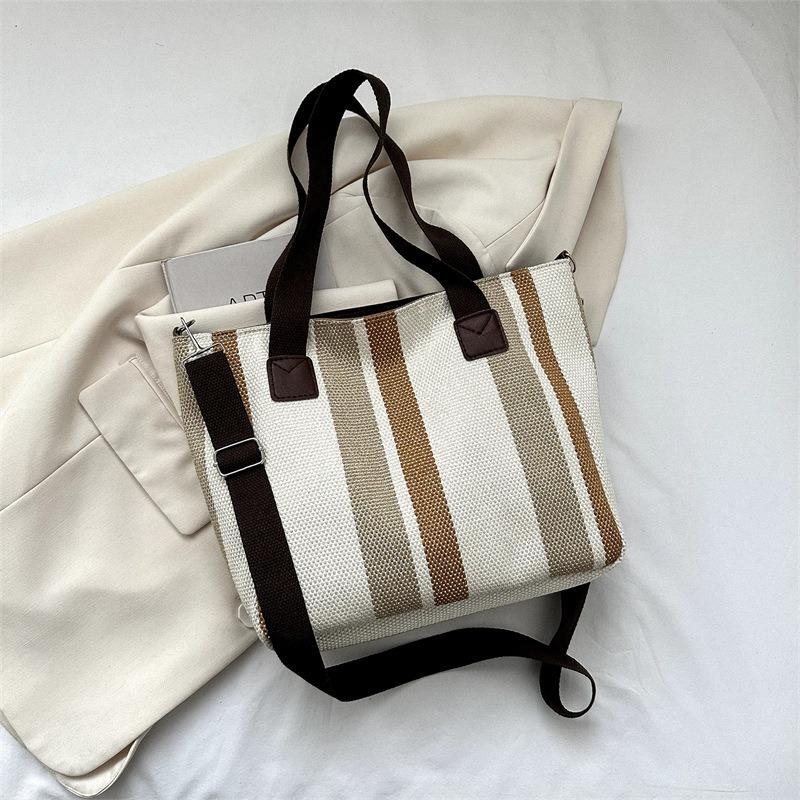 Big Bag Women's Fashion Striped Canvas Commuter Tote Stylish One-shoulder Crossbody Mommy Bag