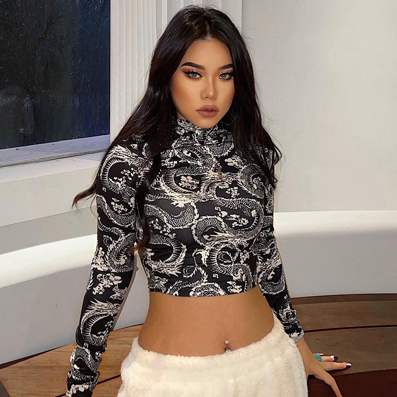 Модные трендовые женские стильные укороченные топы с принтом дракона, тонкая футболка с длинным рукавом и высоким воротником, узкие футболки на весну и осень