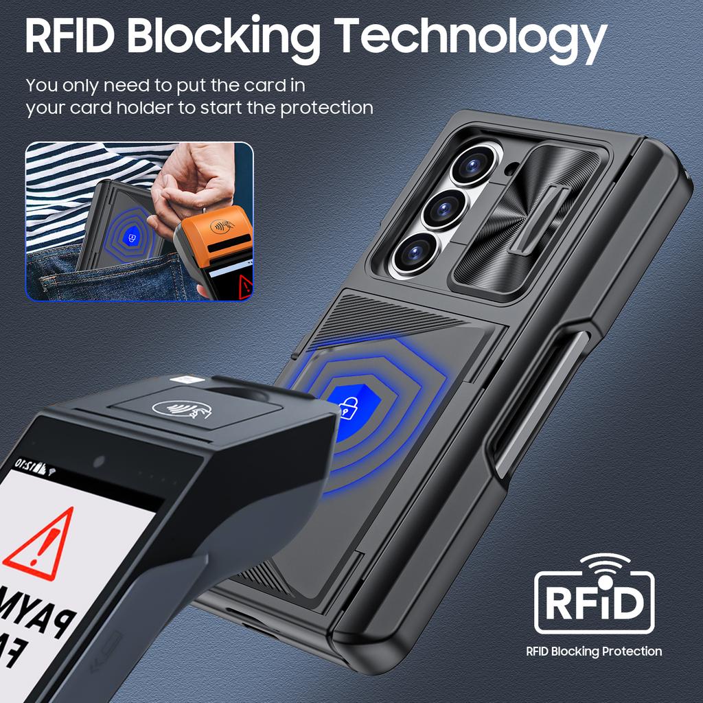 For Samsung Galaxy Z Fold 6,Back Card Pack,Integrated Pen Slot,Full Coverage 9H Protective Film,Shockproof Phone Case-Black