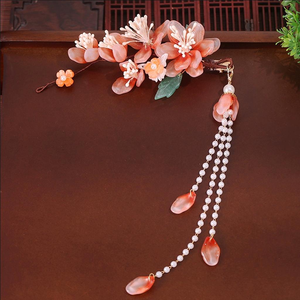 Han Chinese Clothing Hair Clips Glazed Flower Forehead Hairpins with Tassel for Gown Dress Hairstyle Making Tools