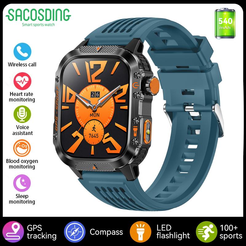 SACOSDING GPS Наручные смарт-часы для спорта с компасом, синий, Bluetooth-звонки, водонепроницаемые, фонарик, измерение пульса, напоминания о здоровье