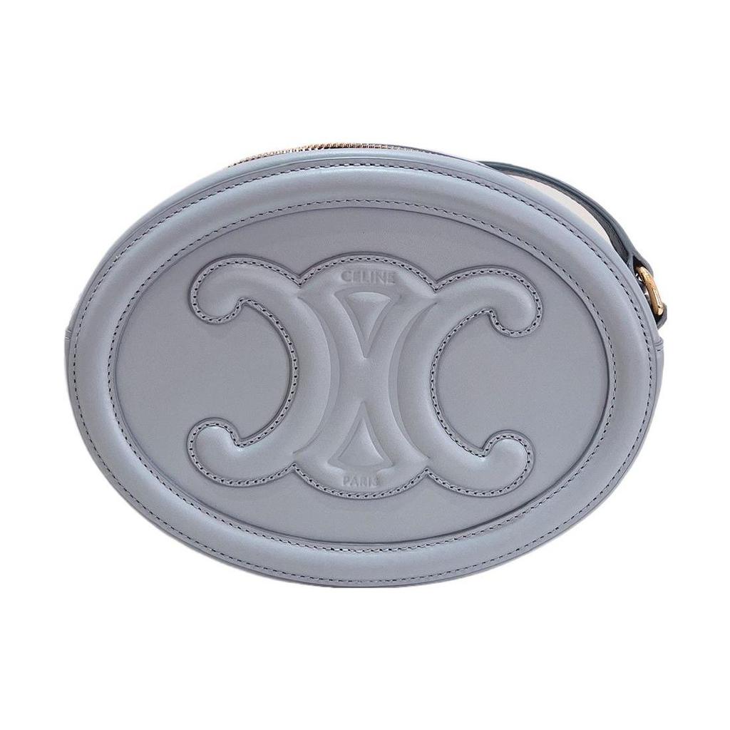 Celine Cuir Triomphe Adjustable Shoulder Strap Oval Zipper Smooth Cowhide Mooncake Bag Women Shoulder Bag Light-Blue 198603DXC-07IC