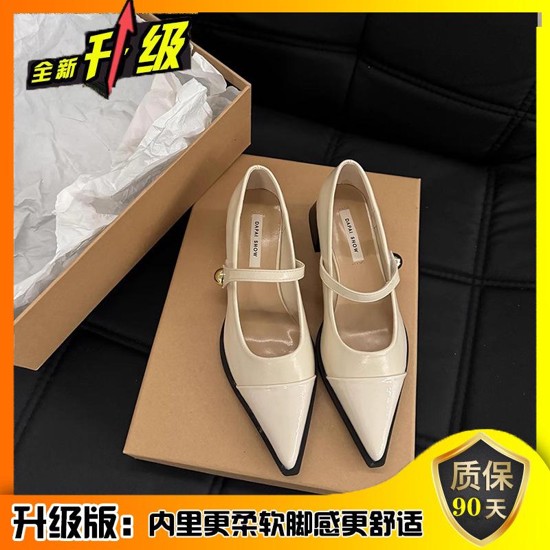 Остроносые маленькие кожаные туфли женские 2025 новая весна толстый каблук низкий каблук высокий каблук ретро французский темперамент Мэри Джейн туфли-лодочки