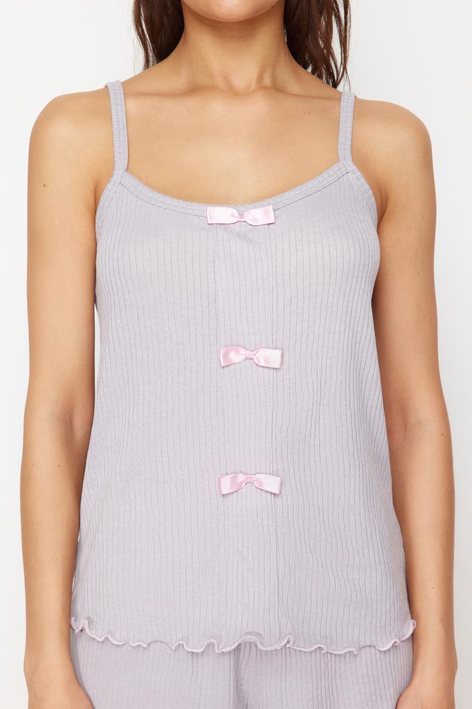 Women's Fashion New Pajama Set Yellow Ribbon Detailed Corded Knitted Pajama Set