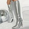 Модные женские сапоги до колена 2024 года, новые осенне-зимние туфли на молнии, роскошные длинные сапоги на каблуке золотого и серебряного цвета, женские, большой размер 45