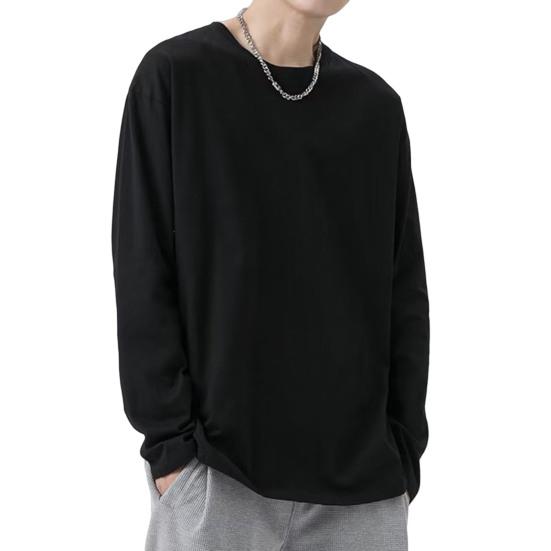 Men T-shirt Round Neck Long Sleeve Solid Color Pullover Tops Loose Fit Soft Breathable Tee Shirt Home Gym Street Wear