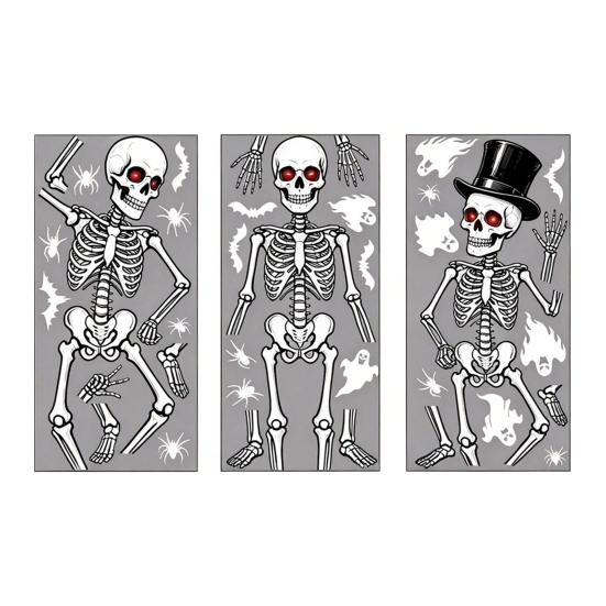 Rent-friendly Glass Decal 3Pcs Halloween Skeleton Stickers, Waterproof PVC Window Clings, Static Decals, Long-lasting Color Removable Stickers