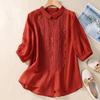 Women Floral Embroidered Point Collar Half Sleeve Cotton Button Down Shirt