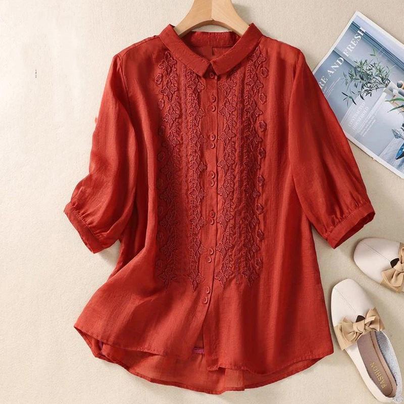 Women Floral Embroidered Point Collar Half Sleeve Cotton Button Down Shirt