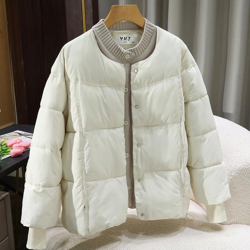 Womens Short Knit Cotton Padded Jacket Loose Fit Round Neck Solid Color Winter Coat