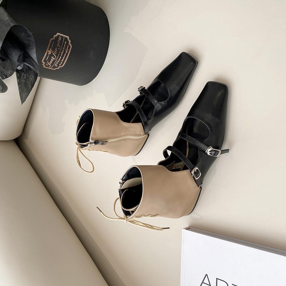 Модные женские ботильоны с квадратным носком, полые, сексуальные, с плоским каблуком, с ремешком сзади, с бантом, пряжкой на ремне, черного, хаки, белого, смешанного цвета, модельные туфли