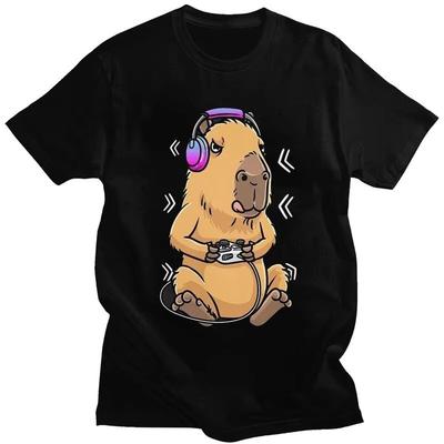 Gamer Capybara Graphic Tee for Men Pure Cotton Casual T-Shirt
