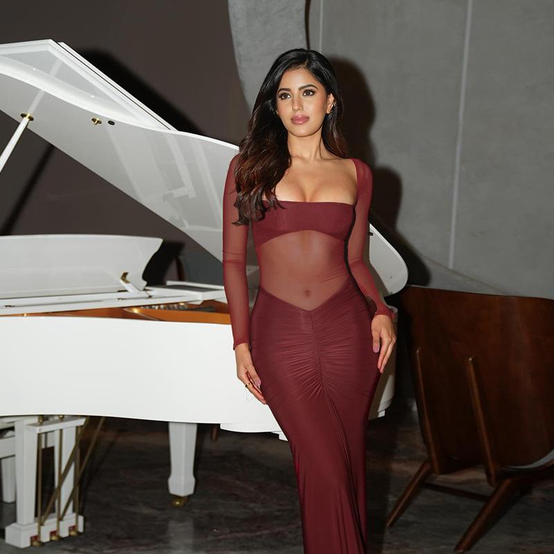 Квадратный вырез сексуальное прозрачное платье из газовой ткани с длинным рукавом женское осеннее платье длинное платье