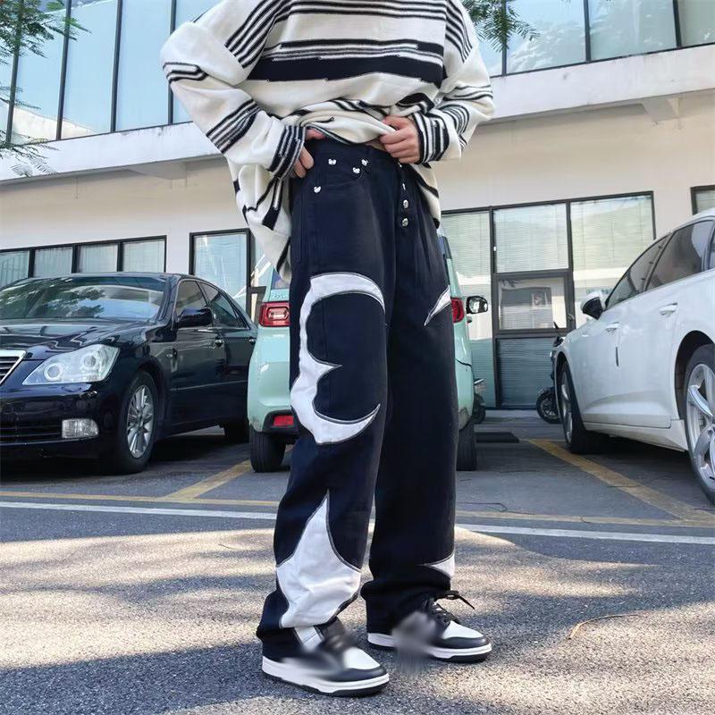 Весенние и осенние мужские модные прямые джинсовые брюки с вышивкой